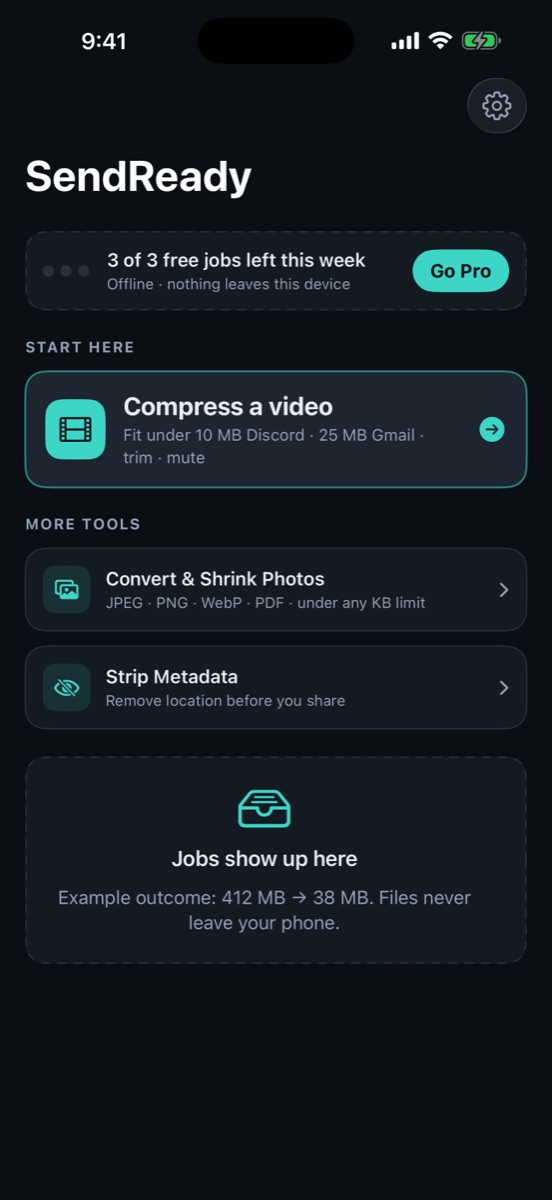 SendReady home screen showing Compress a video, Convert & Shrink Photos and Strip Metadata